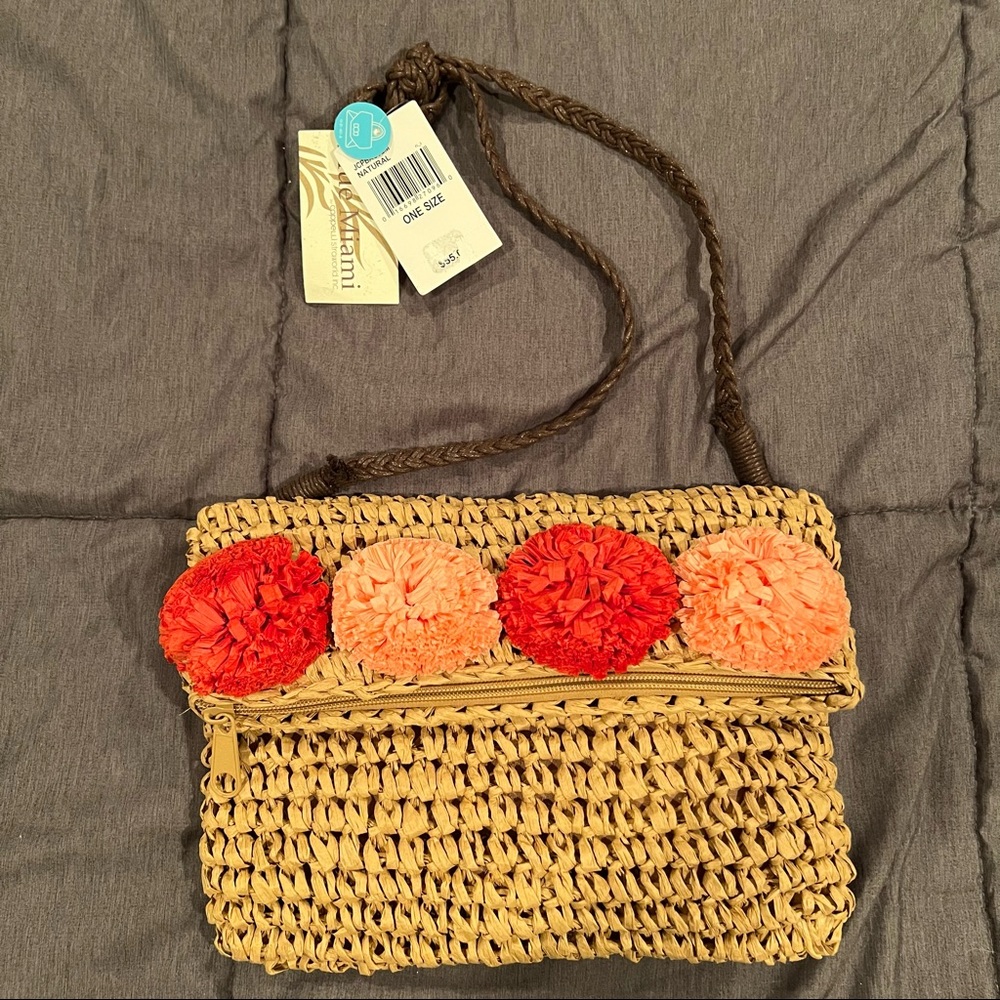 NWT Blue Miami by Capelli Straw Purse Flowers Tan Red Raffia Statement Bag Beach